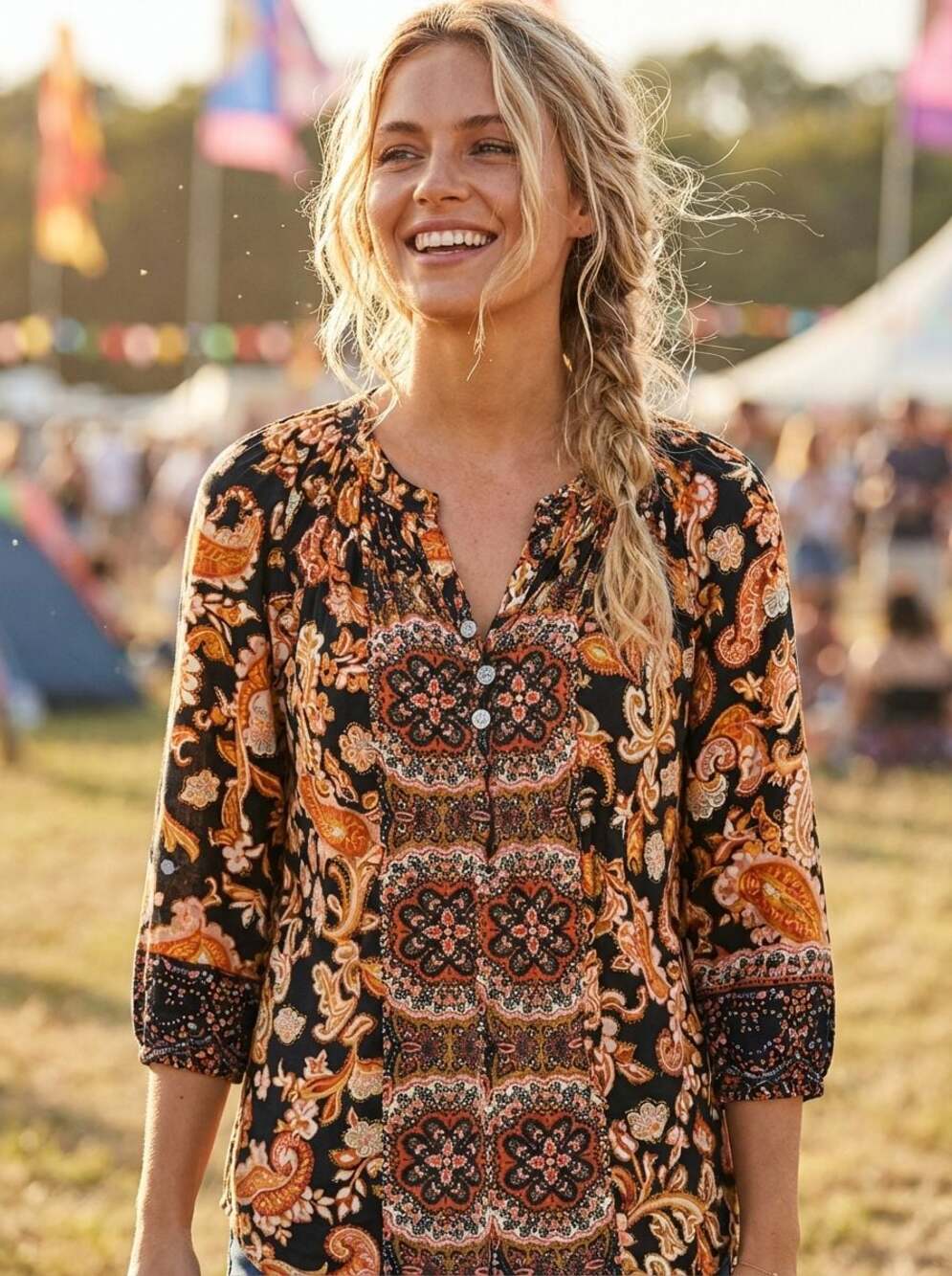 Fig and Flower Paisley Boho Print V-Neck Henley Blouse Size S